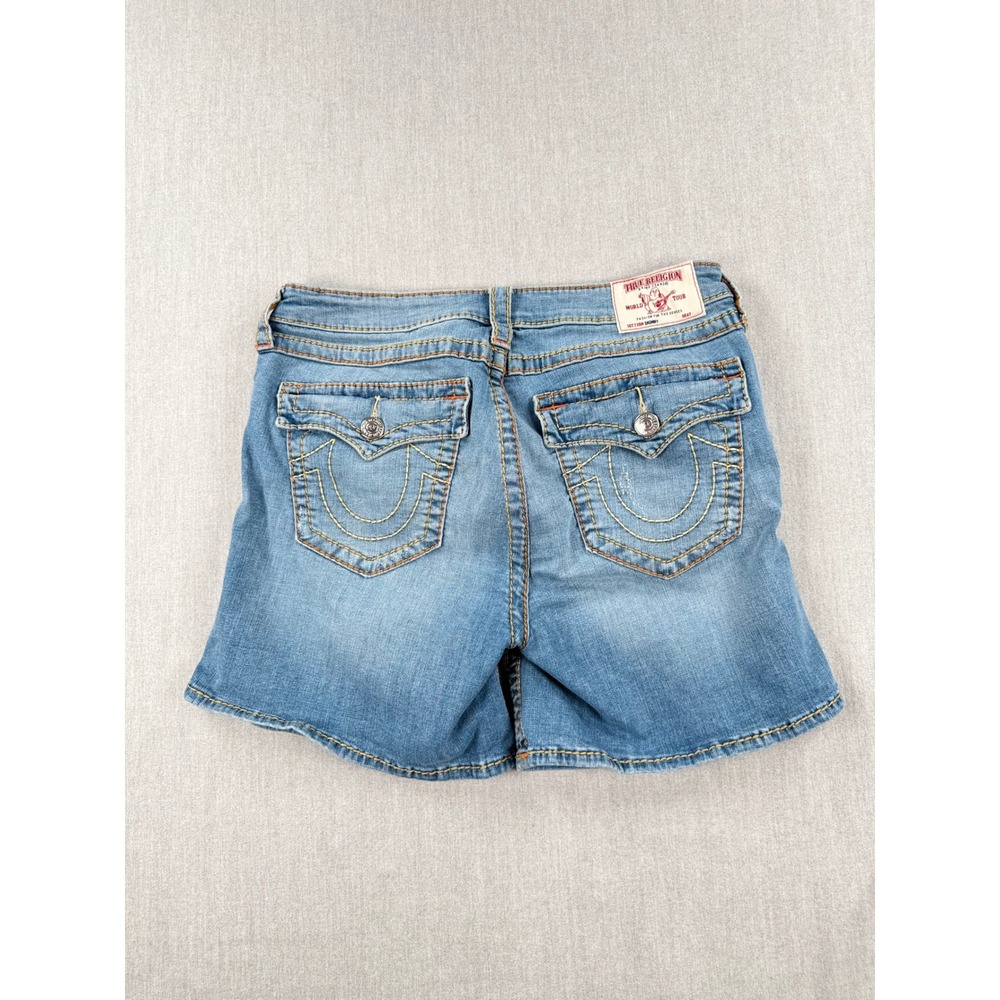 True Religion Distressed Denim Shorts Medium Wash Blue Womens Size 32 Skinny